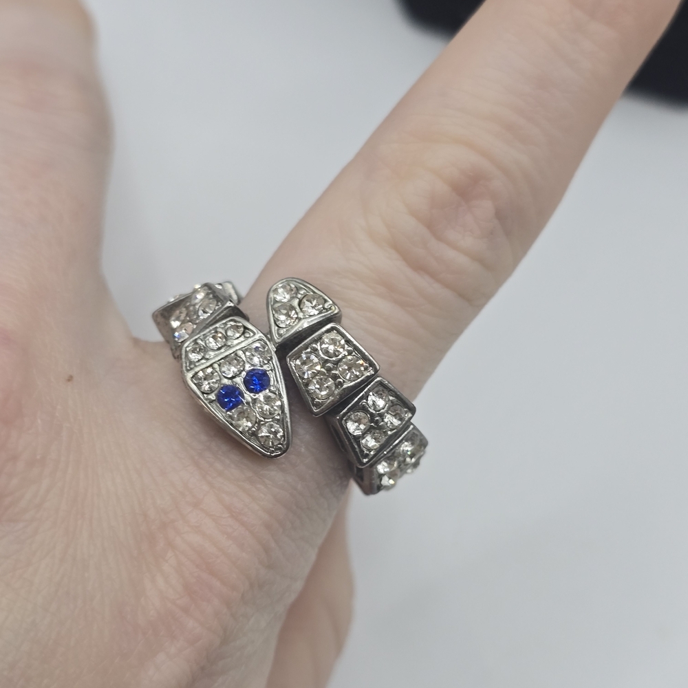 silver-toned, stretchable, snake-motif ring with clear and blue imitation gems - Picture 3 of 3